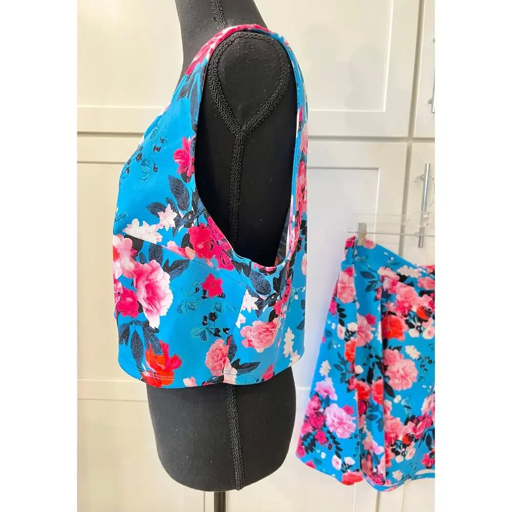 TORRID Mini Scuba Skater Set Women's Plus Size 2 Top Skirt $76 Floral Blue 2X - Picture 6 of 11
